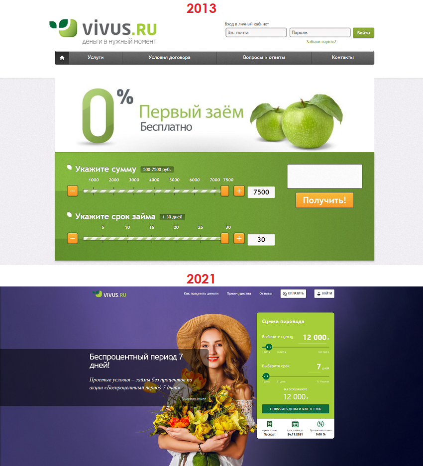 Сайт Вивус в 2013 и 2021 году
