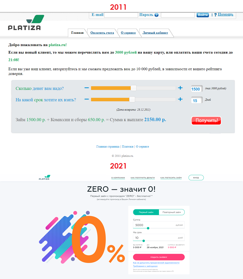Сайт Платиза в 2011 и 2021 году