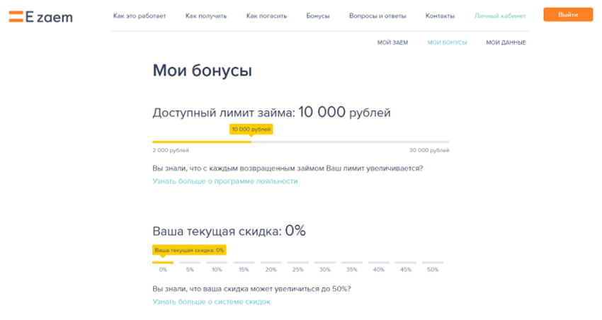 Скриншот страницы личного кабинета Езаем с информацией о бонусах и скидках